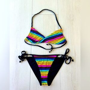 Vintage Vitamin A Bikini Set. Rainbow Print, Size X-Small, Used w/Minor Flaw.